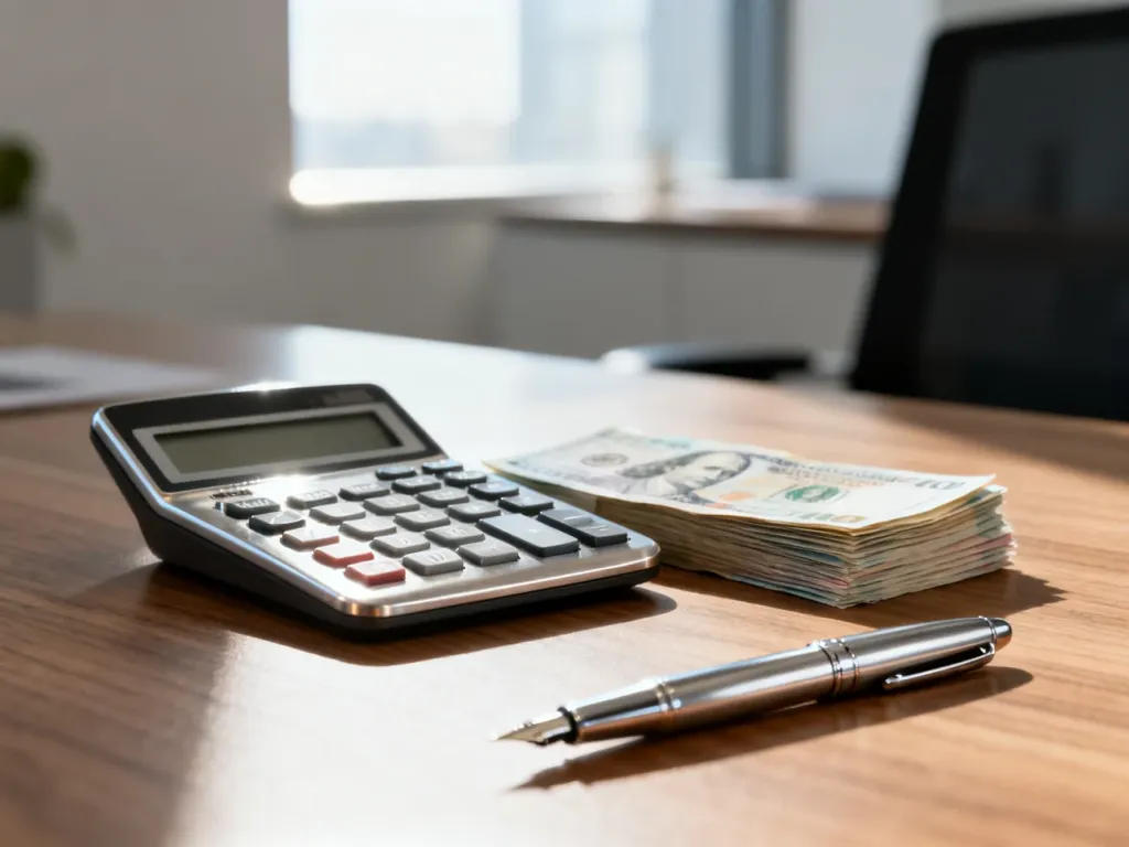 Profesjonalny kalkulator, banknoty i pióro na biurku, symbolizujące obliczenia finansowe i planowanie budżetu.