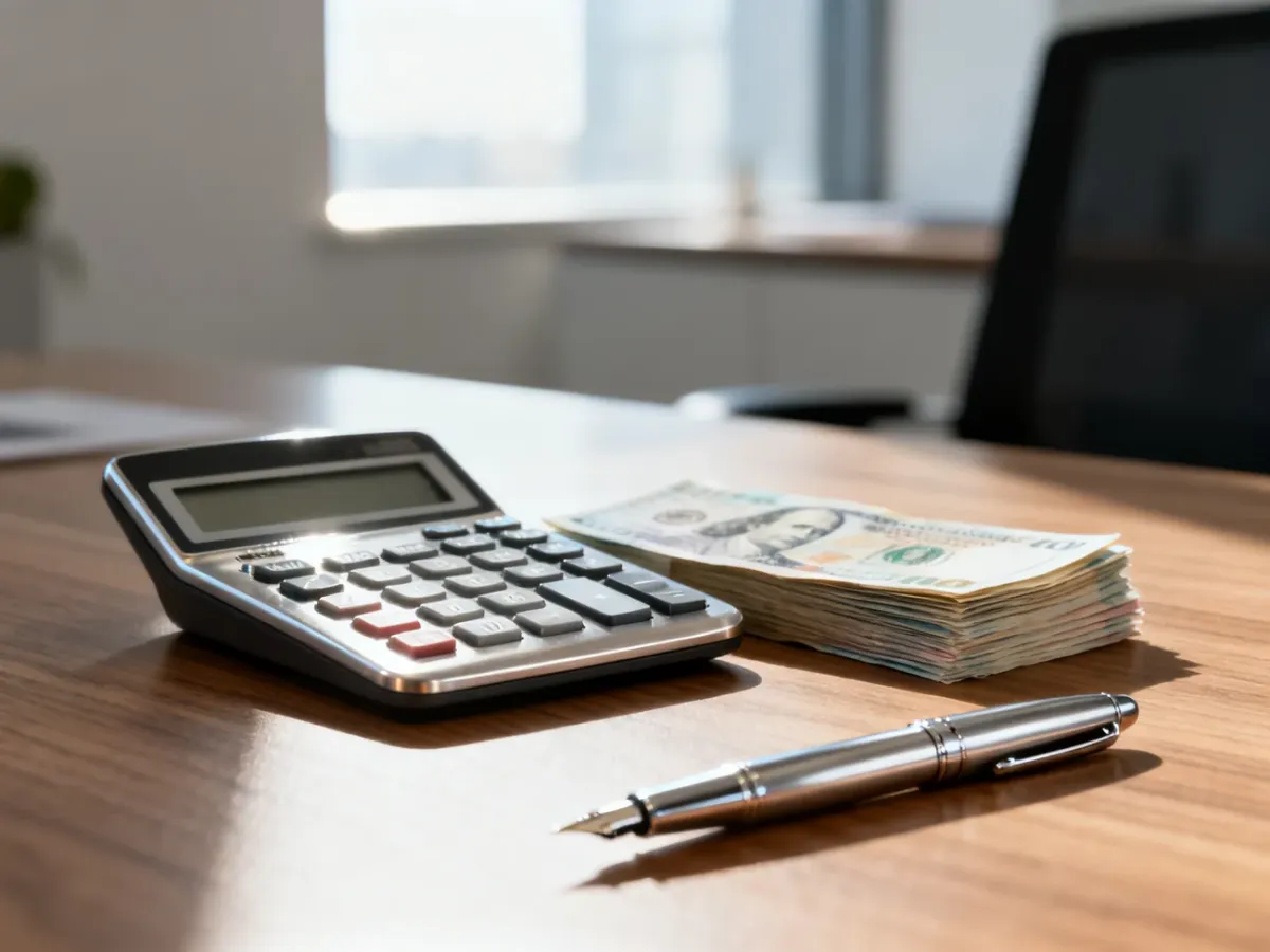 Profesjonalny kalkulator, banknoty i pióro na biurku, symbolizujące obliczenia finansowe i planowanie budżetu.