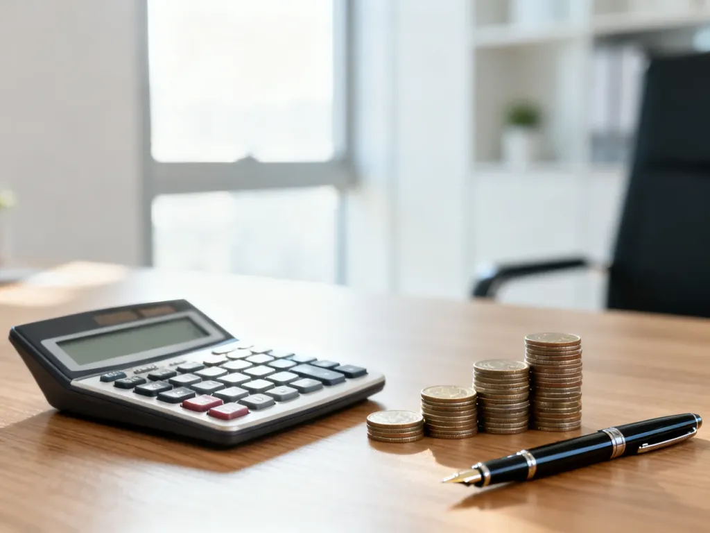 Kalkulator, monety i pióro na biurku, symbolizujące profesjonalne obliczenia wynagrodzenia i planowanie finansów.