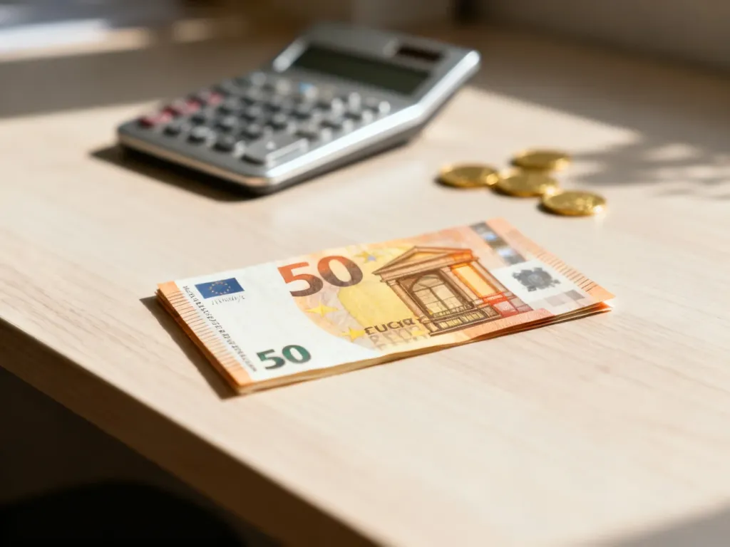 Banknot 50 euro leżący na drewnianym biurku obok kalkulatora i monet, symbolizujący przelicznik walut.