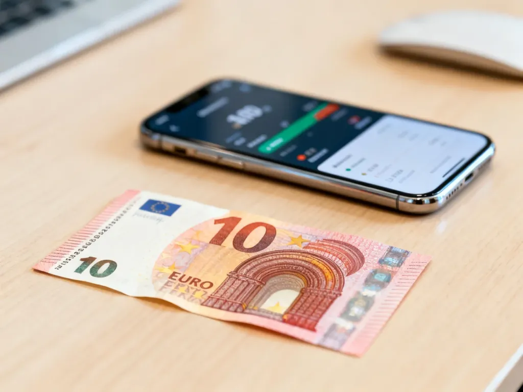 Banknot 10 euro leżący na drewnianym biurku obok smartfona z aplikacją do przeliczania walut.