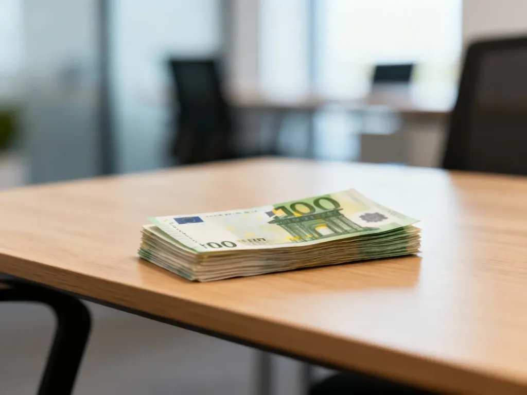 Stos banknotów euro leżący na drewnianym biurku w nowoczesnym biurze. Ilustracja przedstawiająca przelicznik walut.