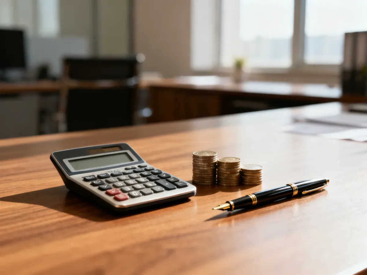 Kalkulator, monety i pióro na biurku, symbolizujące profesjonalne obliczenia finansowe i planowanie budżetu.