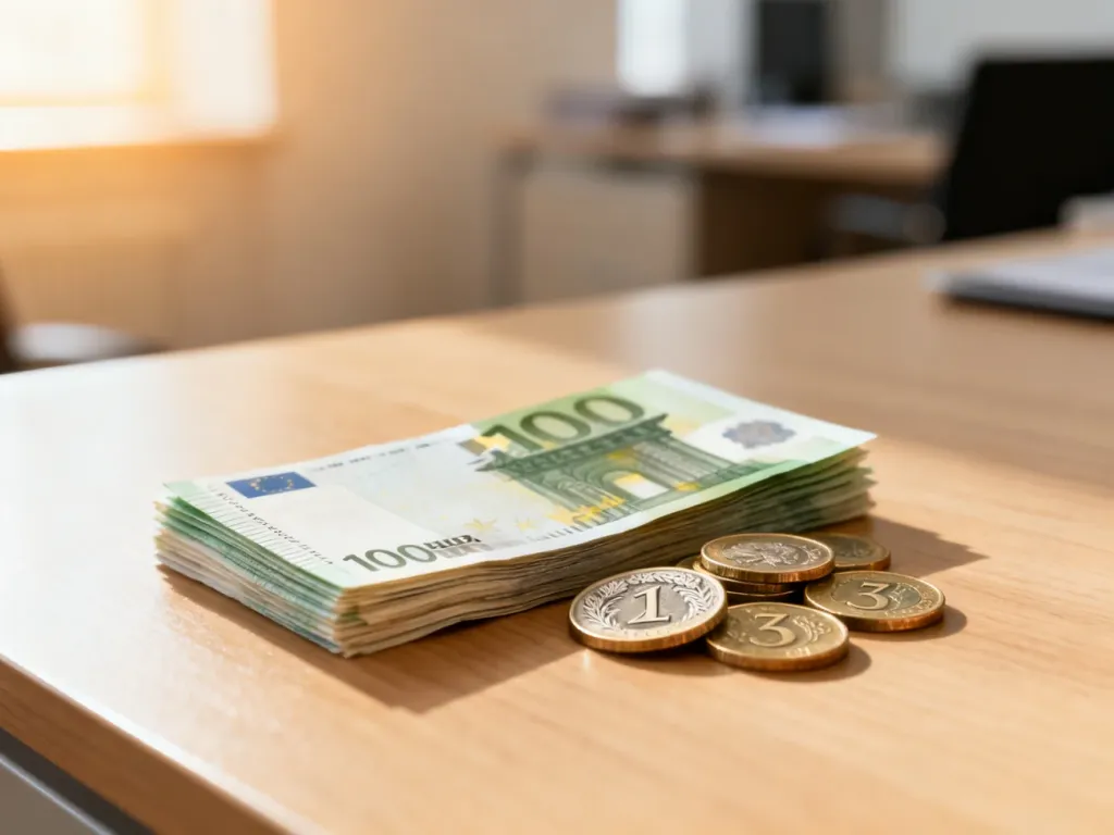 Stos banknotów euro i monet złotych na drewnianym biurku, ilustrujące przelicznik walut.