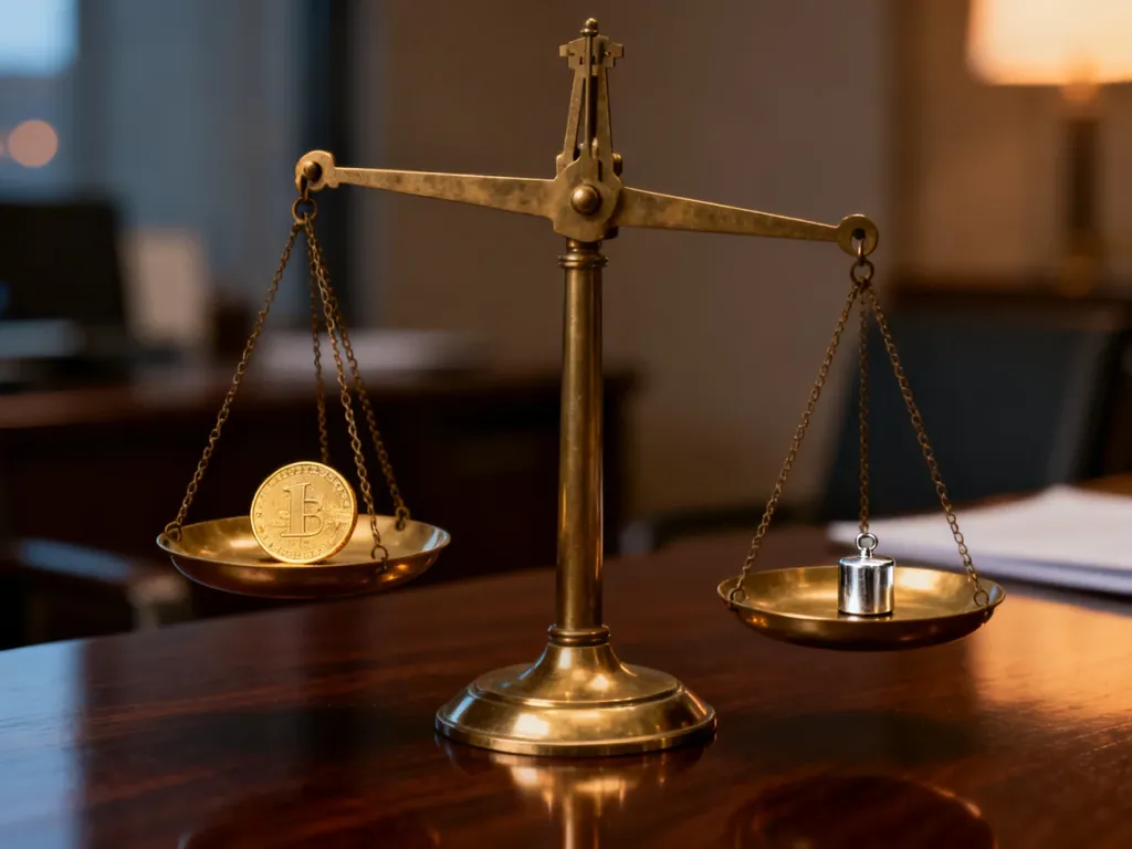 Mosiężna waga szalkowa z monetą i odważnikiem w idealnej równowadze, symbolizująca proces stabilizacji rynku finansowego.
