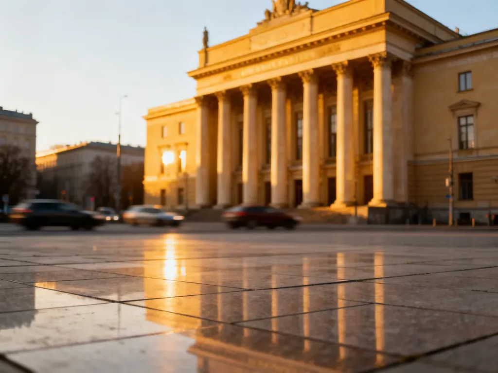 Historyczny budynek Giełdy Papierów Wartościowych w Warszawie w porannym świetle, prezentujący klasyczną architekturę.