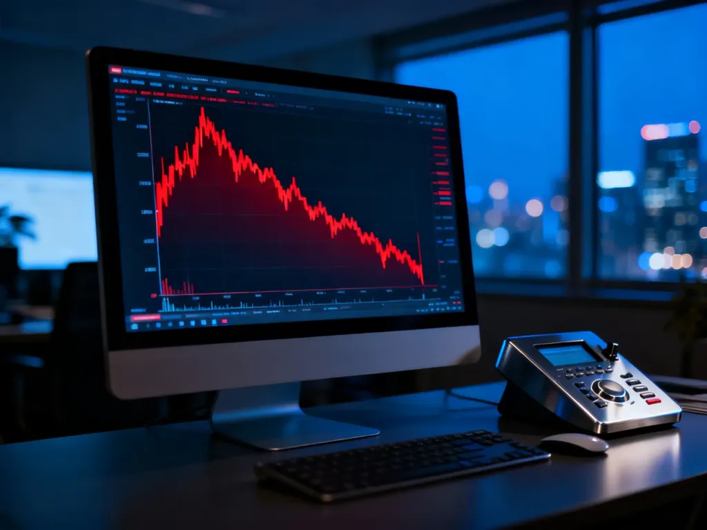 Wykres giełdowy na monitorze z widocznym trendem spadkowym, obrazujący mechanizm działania zlecenia stop loss.