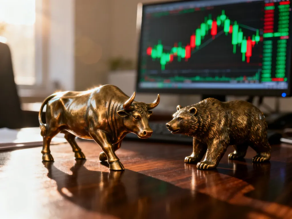 Figurki byka i niedźwiedzia na biurku na tle wykresów giełdowych, symbolizujące trendy na rynku finansowym.