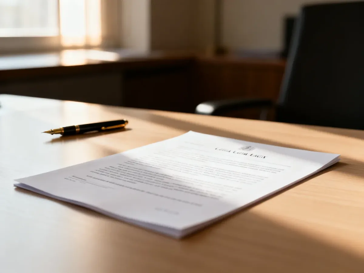 Dokument prawny leżący na biurku, symbolizujący formalny proces odstąpienia od umowy w profesjonalnym otoczeniu.