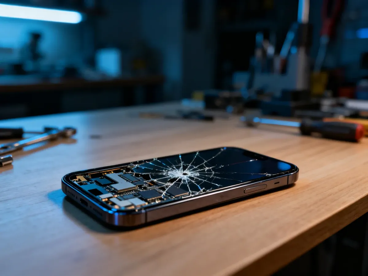 Zbliżenie na pęknięty ekran urządzenia elektronicznego na drewnianym biurku, ilustrujące uszkodzenie mechaniczne sprzętu.