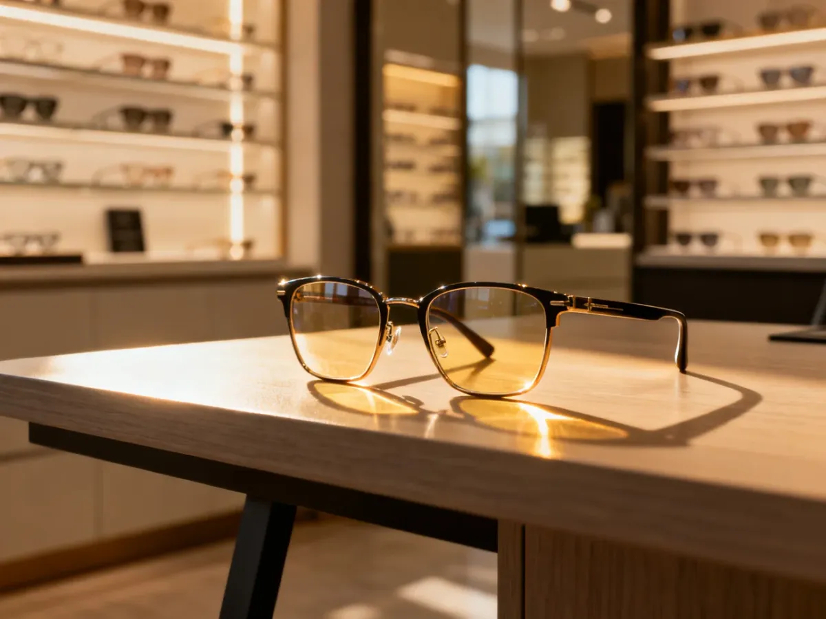 Nowoczesne okulary korekcyjne na drewnianym biurku w tle eleganckiego salonu optycznego w promieniach słońca.