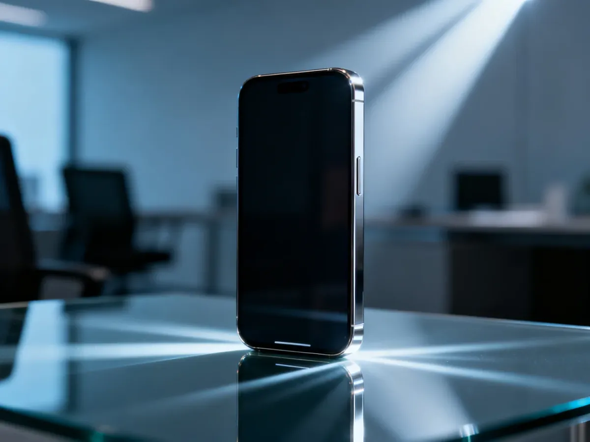 Nowoczesny smartfon wyeksponowany na szklanej powierzchni w profesjonalnym oświetleniu, podkreślającym jego design.