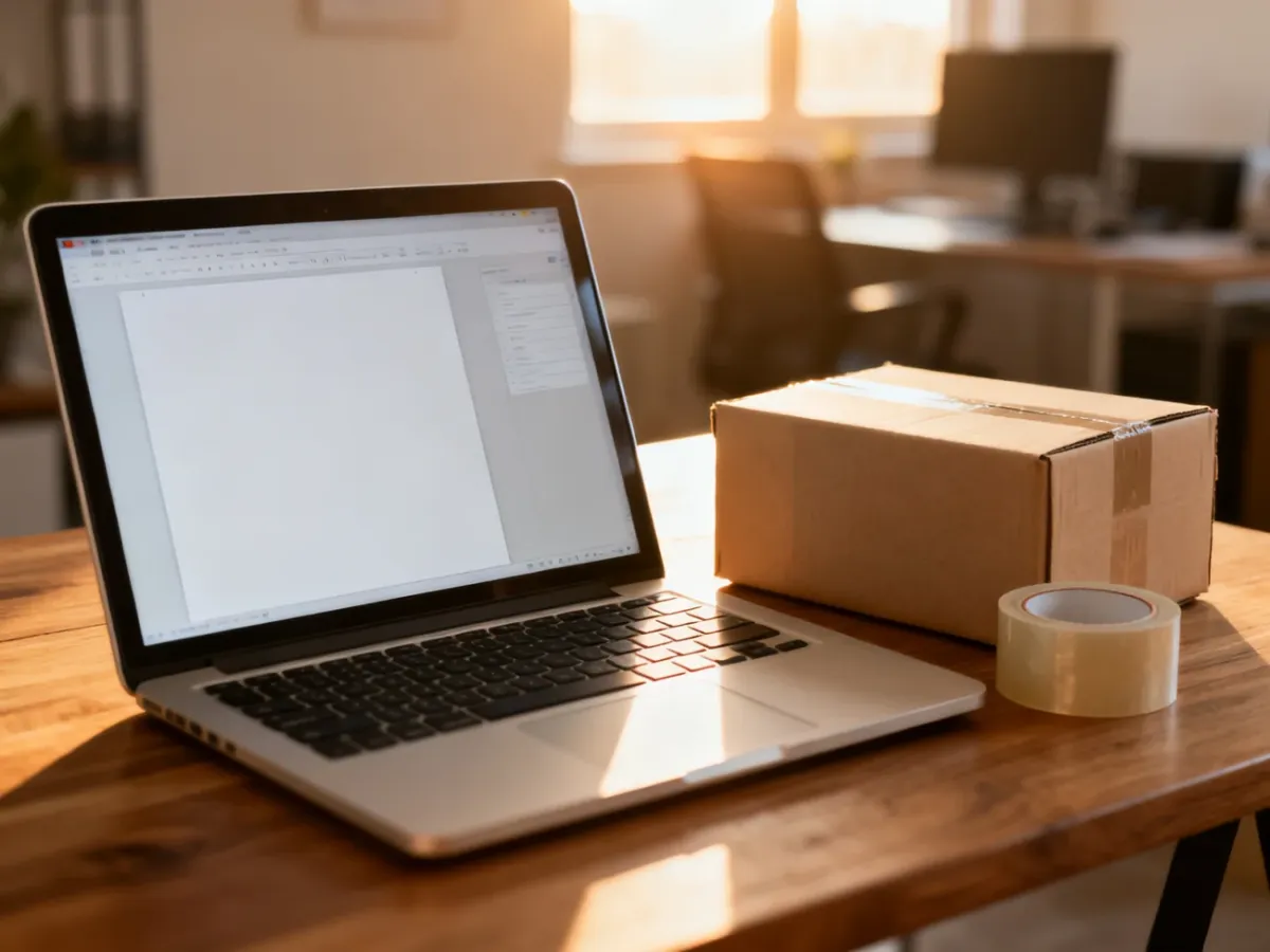 Laptop, kartonowe pudełko i taśma pakowa na biurku, symbolizujące przygotowanie towaru do zwrotu po zakupach online.