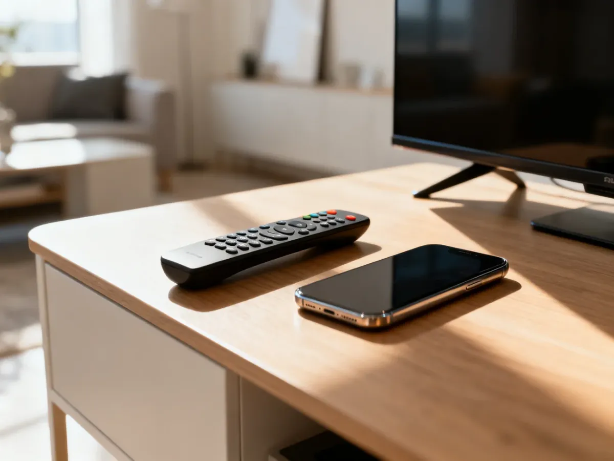 Nowoczesny pilot do telewizora i smartfon na drewnianym biurku w jasnym salonie.